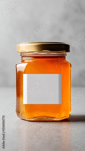 Natural Honey in a Clear Glass Jar With a Gold Lid Displayed on a Gray Backgr...