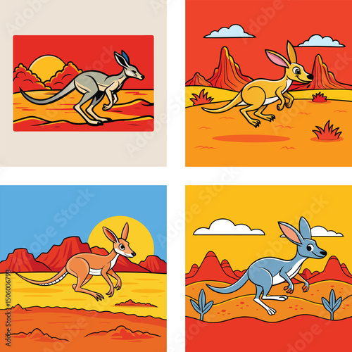 Cartoon Kangaroos In Australian Desert Landscape With Sunset And Mountain Backgrounds