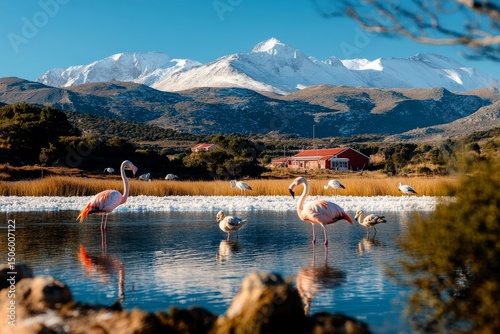 Flamingos Forage in a Tranquil Lake Surrounded by Snow-Capped Mountains and R...