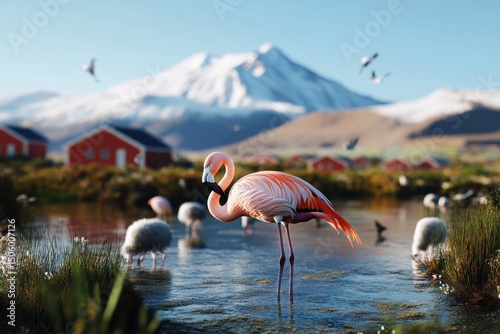 Flamingo Standing in Tranquil Water With Snowy Mountains and Colorful Houses ...