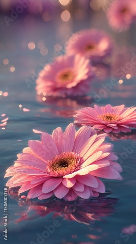 Pink Daisies Floating on Water Create a Serene Atmosphere in a Tranquil Setting.