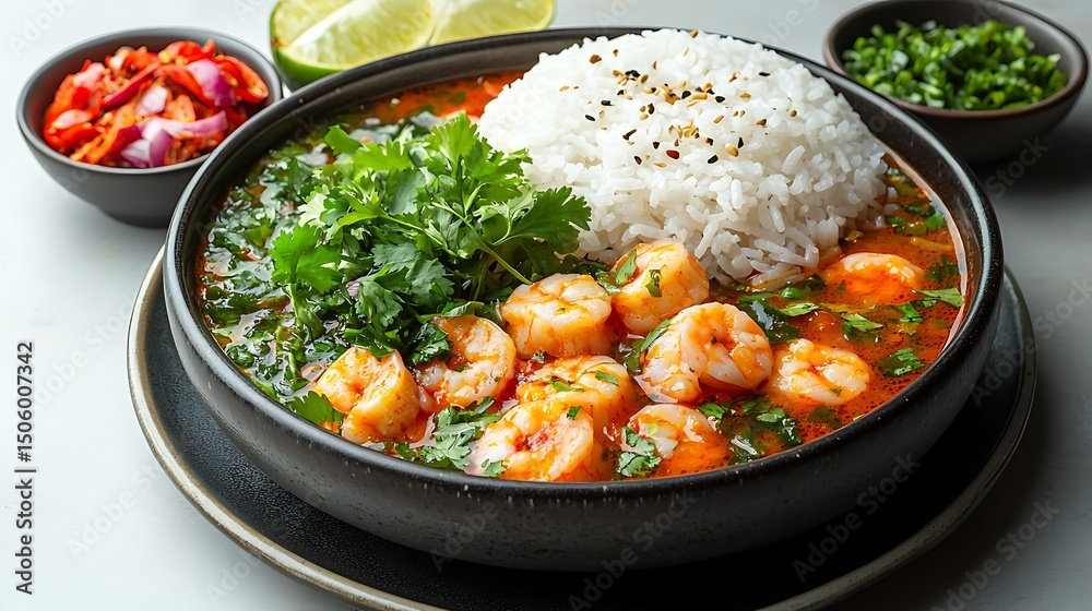 Tasty shrimp curry and steamed rice high resolution picture Tasty shrimp curry and steamed rice high resolution picture