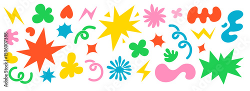 Abstract clouds and flowers shapes sticker set. Flat  illustrations. Groovy flowers, bubbles, stars