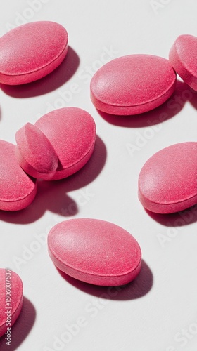 Vibrant Pink Tablets Scattered on a White Surface Showcasing Their Smooth Tex...