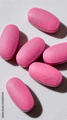 Vibrant Pink Tablets Scattered on a White Surface Showcasing Their Smooth Tex...