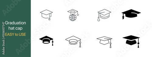 Graduation cap icon set. Line and glyph graduation hat. stroke editable.