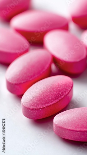 Bright Pink Tablets Arranged on a Smooth White Surface for Health and Wellnes...
