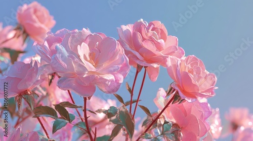 Soft Pink Roses Bloom Against a Pastel Sky During Springtime in a Vibrant Gar...