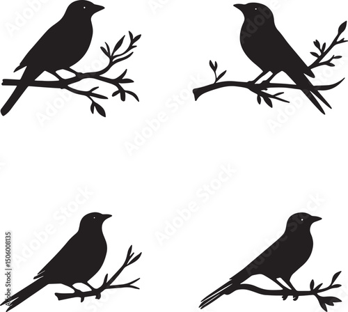This artwork is a clean vector illustration, manually refined for high-quality use.A  set of four bird silhouettes perched on tree branches.