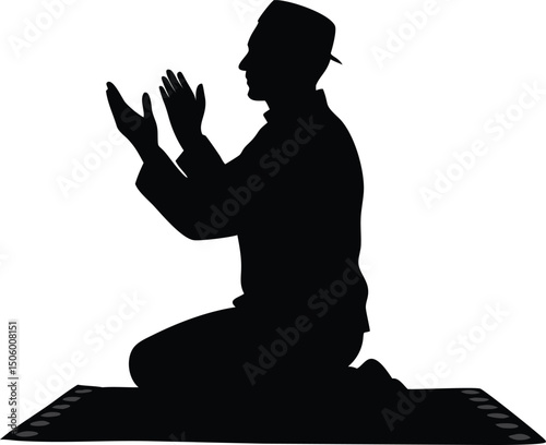 Silhouette of Muslim Man Praying on Rug with Hands Raised in Supplication Isolated on White Background for Design