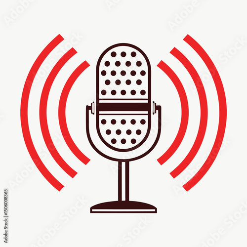 Vintage Microphone with Red Sound Waves Vector Illustration for Podcast Radio Recording Studio or Live Performance Promotion and Advertisement Minimalist Design