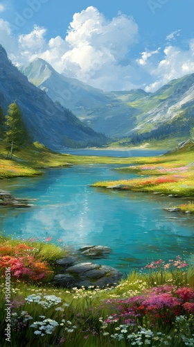 Beautiful Landscape With Colorful Flowers and Serene Lake Surrounded by Mount...