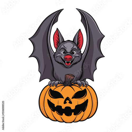 A scary cute cartoon illustration features an orange Halloween pumpkin lantern with black bats, embodying the spooky autumn holiday art
