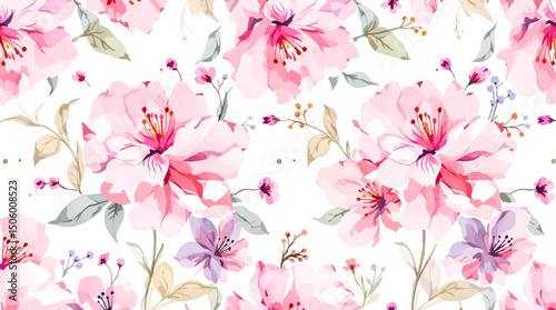 Seamless pattern watercolor background pattern pink pions flowers on white background