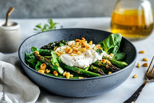 Fresh Asparagus Salad With Creamy Burrata and Toasted Pine Nuts for Healthy D...
