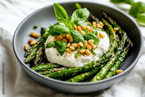 Delicious Grilled Asparagus and Zucchini Salad With Soft Cheese and Pine Nuts...