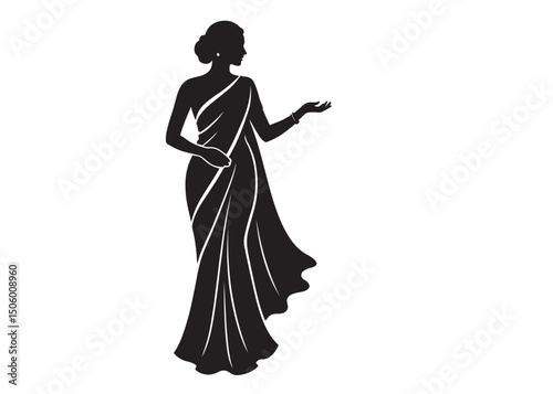 beautiful saree logo silhouette vector, fashion woman silhouette design vector, beautiful saree silhouette, beautiful animated girl with black saree silhouette logo on a white background