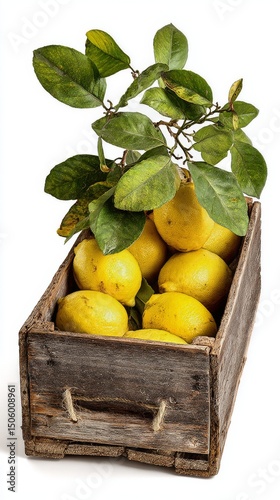 Freshly Harvested Lemons in a Wooden Crate With Green Leaves on Top in Natura...