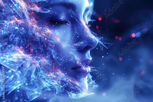 An artistic representation of a futuristic human face integrated with luminous crystalline elements, emphasizing advanced technology and digital evolution.