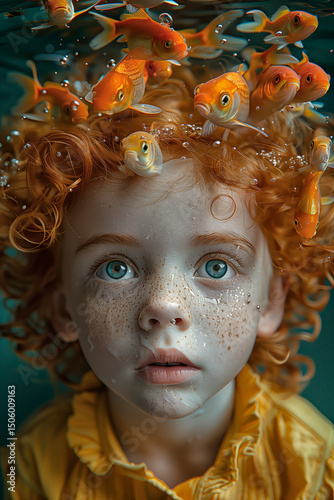 Boy underwater with goldfish in red curly hair.