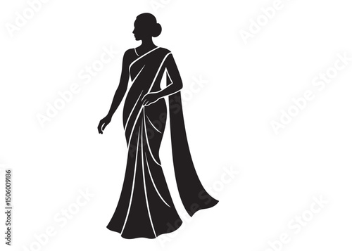 beautiful saree logo silhouette vector, fashion woman silhouette design vector, beautiful saree silhouette, beautiful animated girl with black saree silhouette logo on a white background