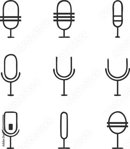 Set of Minimalist Microphone Icons in Black and White Featuring Different Styles and Designs for Podcast Recording and Broadcasting Purposes