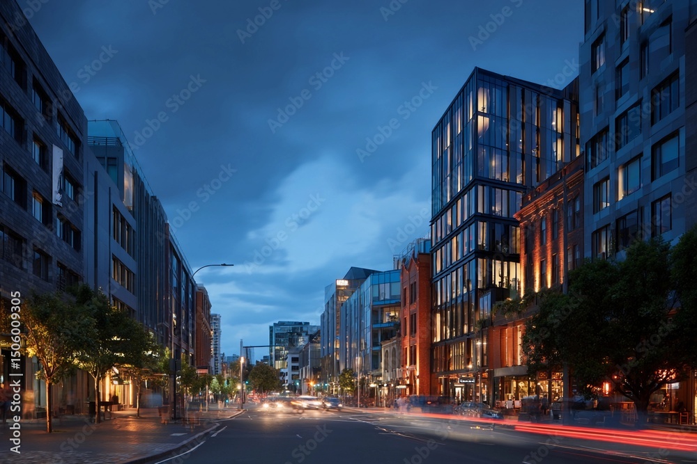 Fototapeta premium Urban landscape at dusk showing modern architecture and vibrant city life