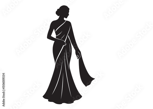 beautiful saree logo silhouette vector, fashion woman silhouette design vector, beautiful saree silhouette, beautiful animated girl with black saree silhouette logo on a white background