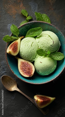 Delicious Green Mint Ice Cream Served With Fresh Figs on a Decorative Bowl.