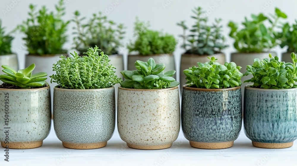 Fototapeta premium A neat row of green indoor plants and seedlings placed on a white studio surface, with additional plants softly blurred in the background. This clean and fresh botanical composition emphasizes growth
