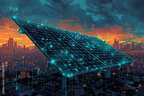 Solar panel illuminated with futuristic neon lights positioned over a vibrant cityscape at sunset, representing renewable energy, advanced technology, and urban development.