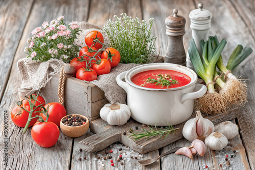 Borscht in a white pot on a wooden table, with garlic and pepper next to it. 
