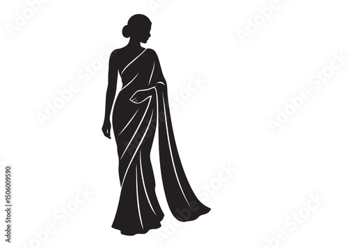 beautiful saree logo silhouette vector, fashion woman silhouette design vector, beautiful saree silhouette, beautiful animated girl with black saree silhouette logo on a white background