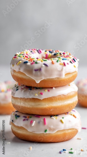 Stack of Delicious Donuts With Colorful Sprinkles on White Background