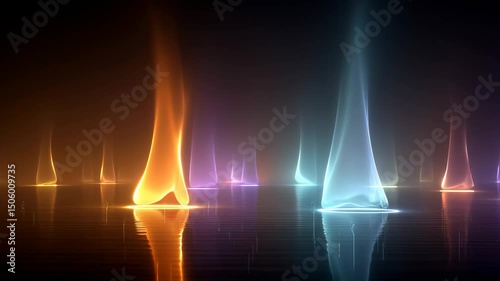 A mesmerizing display of colorful light beams dancing on a reflective water surface at night.
