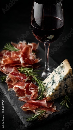 Tasty Pairing of Blue Cheese, Cured Meat, and Red Wine on a Slate Board.