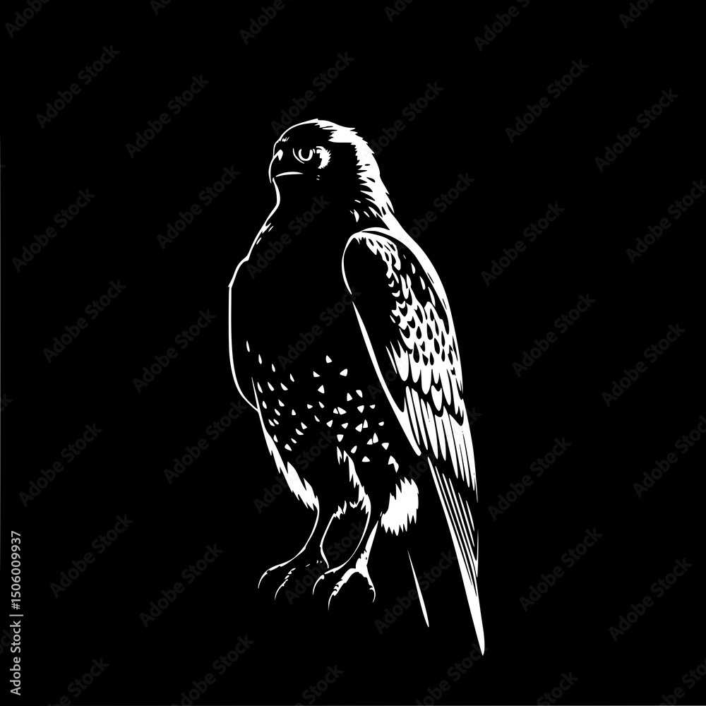 Fototapeta premium Majestic Falcon Silhouette: A striking monochrome line art illustration depicts a powerful falcon perched against a black background, showcasing its sharp features and detailed plumage.