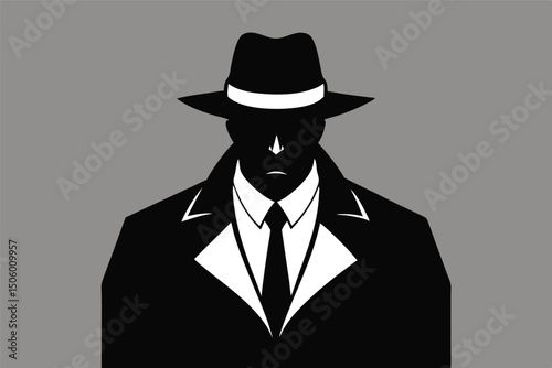A man in a black suit and hat, with a cigarette and a mysterious expression, high contrast black and white art, minimalist, cinematic, dramatic lighting
