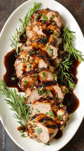 Savory Roasted Pork Tenderloin With Fresh Herbs on a White Platter.