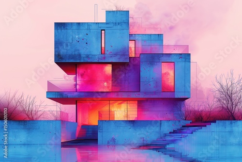 Abstract architectural illustration of a modern house using vibrant colors and futuristic design elements.