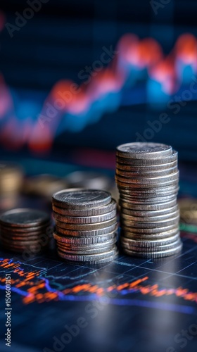 Stack of Coins With Financial Chart in Background Showing Market Trends and A...