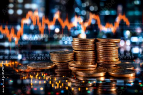 Stacked Coins on a Table With Stock Market Graphs in the Background During Ev...