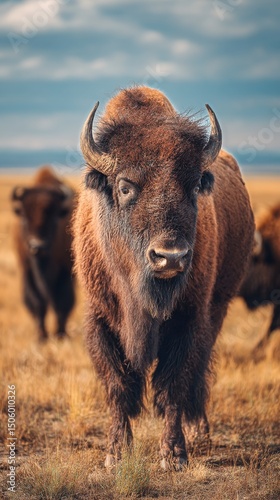 Bison Herd Grazing in Open Grassland During Sunset in North America