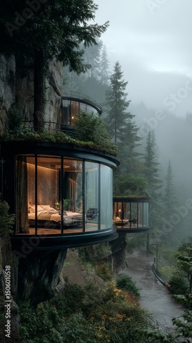 Unique Cliffside Accommodations in a Misty Forest During Early Morning Hours