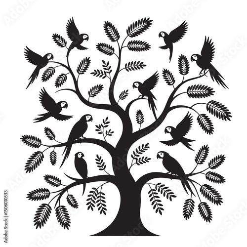 Black Silhouette Tree with Parrots – Flying and Perching Tropical Birds Design