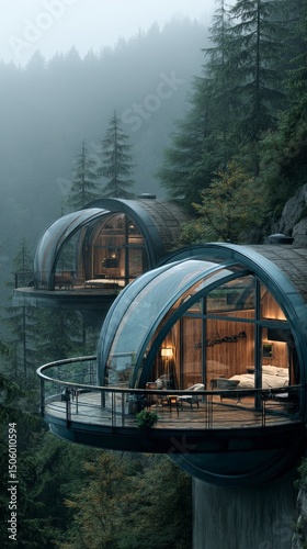 Unique Eco-Friendly Homes Suspended on a Mountainside Surrounded by Lush Gree...