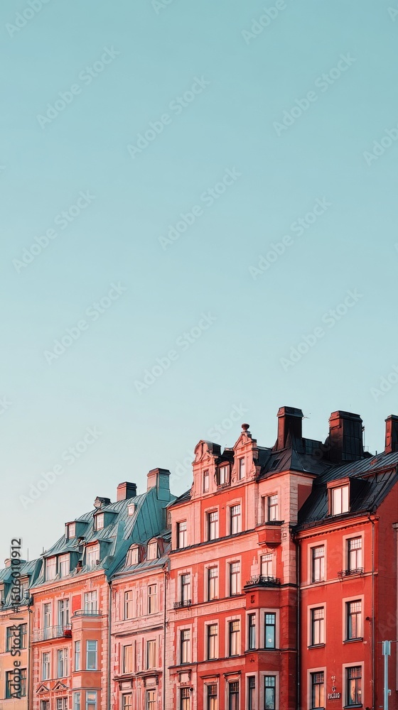 Fototapeta premium Colorful Historic Buildings Under a Clear Sky During Sunset in a European City