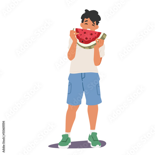 Preteen boy child cartoon character eating watermelon biting delicious food snack isolated on white