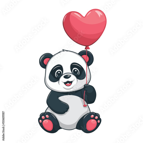 Black and white panda and teddy bear, cute animal cartoon characters with hearts, show love
