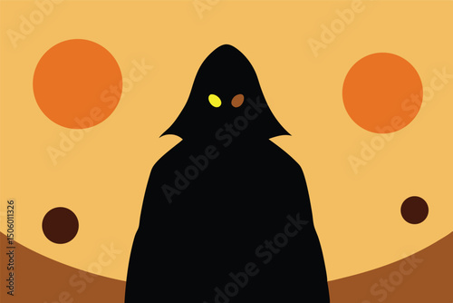 surreal mysterious hooded figure, dark abstract background, orange sun orbs, minimalist stylized digital illustration, cinematic lighting, moody atmosphere, dark fantasy concept art
